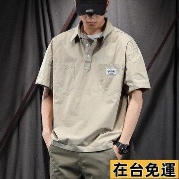 🔥台灣發出🔥 夏季美式復古棉T恤男寬鬆大碼潮牌胖子男裝短袖工裝半袖polo襯衫