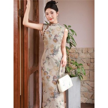 蘇錦夏季復古新款仿苧麻中長無袖雙層改良少女旗袍性感顯瘦連衣裙