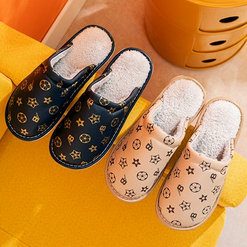棉拖鞋 女冬季情侣毛毛拖鞋 防滑防水PU皮保暖家居家用毛绒拖鞋【不二雜貨】