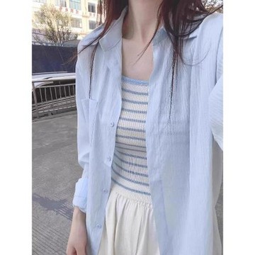 韓系藍色薄款防曬衣襯衫女夏季新款寬松慵懶長袖襯衣休閑外套上衣