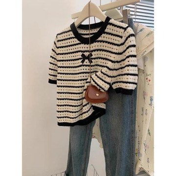 條紋撞色圓領冰絲針織上衣女夏季短款設計感小眾薄款短袖正肩t恤