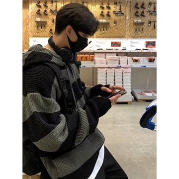 條紋毛衣男士秋冬新款美式復古潮牌針織衫寬松慵懶風連帽線衣外套