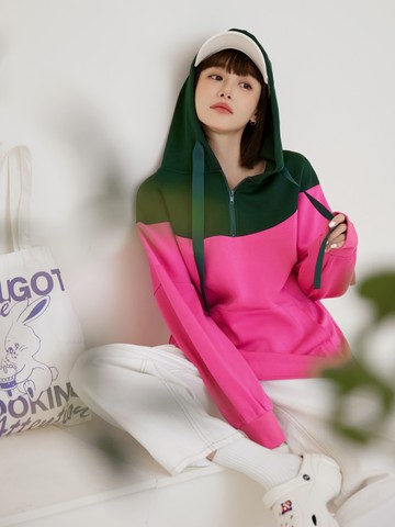 潮色拼接半開襟長版連帽大學T