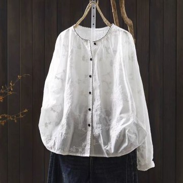 設計所在 棉麻隨性風 棉刺繡緹花長袖襯衫