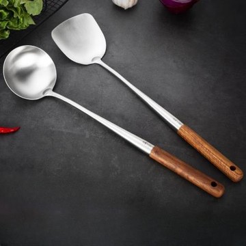 鍋鏟炒勺炒菜鏟子家用漏勺廚房廚具304不銹鋼加長木柄湯勺一體