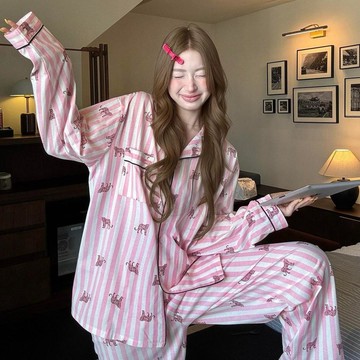 可可裡🌺甜酷豹子開衫睡衣女士秋季新款甜美少女條紋長袖套裝家居服可外穿