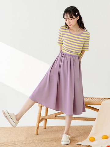 彈性羅紋撞色條紋抽繩收腰長洋裝