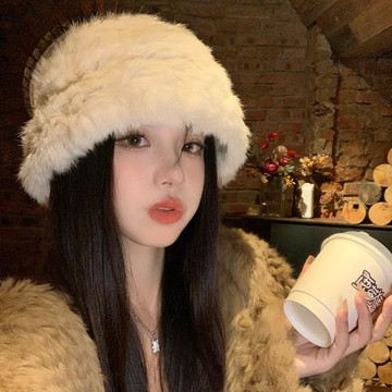 兔毛漁夫帽女秋冬季2025新款顯臉小毛絨帽保暖護耳白色毛毛帽子潮