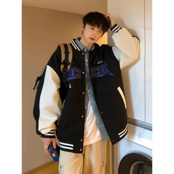 春秋寬松百搭帥氣黑白拼接棒球服