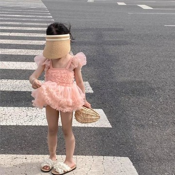 女童泳衣2026夏裝新款兒童粉色露背裙式網紗連體泳衣寶寶溫泉泳裝