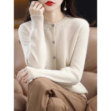 圓領羊毛針織開衫女2026年春秋季新款寬松顯瘦短款外搭毛衣羊絨衫