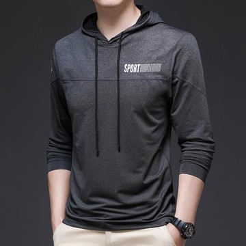 男士長袖T恤春秋季薄款連帽衫冰絲衛衣休閑運動裝上衣服彈力簡約