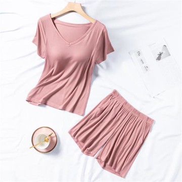 帶胸墊V領短袖短褲家居服兩件套女夏季螺紋莫代爾睡衣套裝可外穿