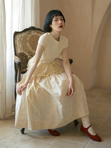 米黃 2色 手工花花T恤上衣+高腰A字復古玫瑰半身裙子 可搭配套裝