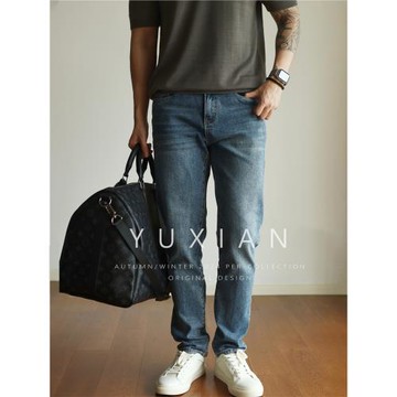 YUXIAN純棉四面彈水洗丹寧牛仔褲錐形修身長褲休閑商務小腳復古春