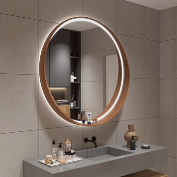智能浴室鏡櫃 北歐風智能簡約圓形實木浴室鏡子衛生間衛浴鏡壁掛鏡面除霧化妝鏡免運 開立發票 特惠/快速出貨 Y1108