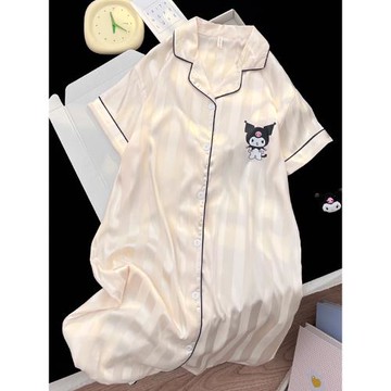 庫洛米長款睡裙女冰雪絲高級感襯衫睡衣夏季仿真絲卡通短袖家居服