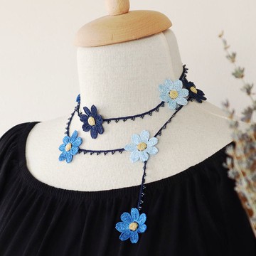 鉤針編織 90cm 長鏈【雛菊】海洋藍