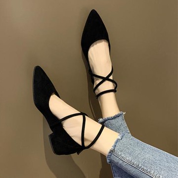 春新款女單鞋粗跟平底鞋尖頭淺口韓版綁帶小碼313233大碼414243