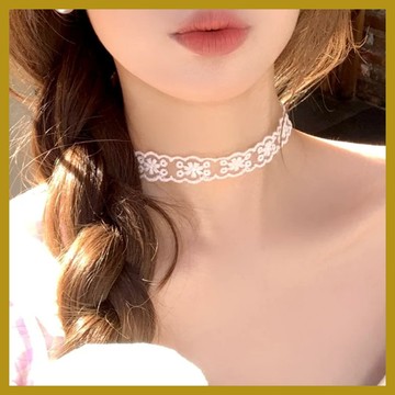 白色網紗蕾絲項鏈女 刺銹花邊項圈 choker頸鏈 簡約鎖骨鏈