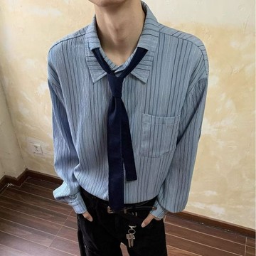 【ms】日系襯衫 襯衫男 袖子襯衫 上衣 設計感襯衫 秋季新款韓系慵懶風褶皺肌理感條紋領帶設計感寬鬆休閒百搭襯衫男
