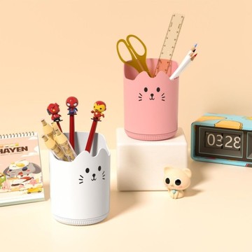桌上貓頭旋轉筆筒 圓形筆筒 刷具桶 刷具收納 360度旋轉筆筒 貓咪造型筆架 桌面收納 置物筒