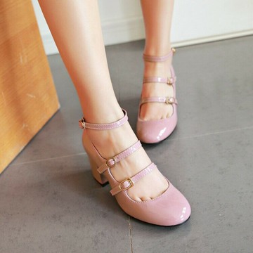 大尺碼訂製女鞋 復古一字扣瑪麗珍鞋漆皮豆沙粉淺口單鞋黑色粗跟鞋高跟鞋大紅