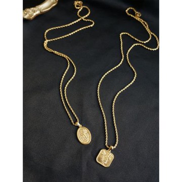 新RUKL復古磨面質感法式歐美金色圓圈毛衣鏈長鏈橢圓方牌金幣項鏈