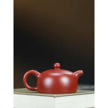 宜興紫砂壺手工原礦大紅袍卡蓋 紫朱泥小品扁西施壺(大球孔出水）