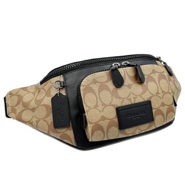 【COACH】C LOGO斜背中性男款兩用胸前腰包(皮牌-焦糖/黑)