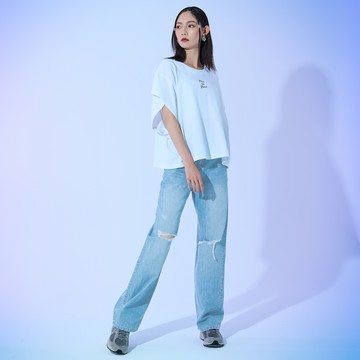 梨型密碼！顯瘦落地不規則刷破牛仔寬褲(拔淺藍)-女