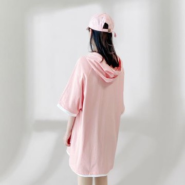 夏季薄款粉色連帽大t恤女短袖寬松中長款遮屁股防曬OVERSIZE潮INS
