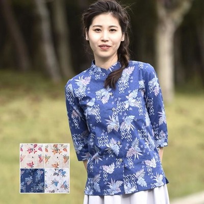 売れ筋商品|||かりゆしウェア 沖縄アロハシャツ レディース 七宝紋様柄 マオカラー 七分袖 リゾートウェディング 結婚式 ギフト プレゼント 母の日 r400