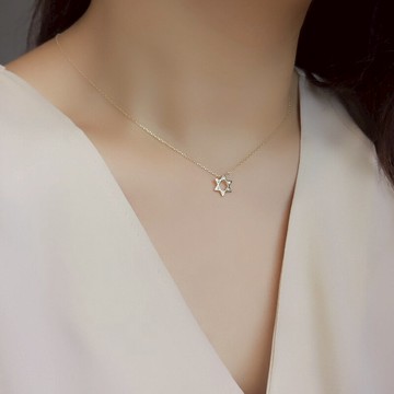 S925通體純銀六芒星閃鉆項鏈時尚清新幸運禮物精致金色吊墜鎖骨鏈