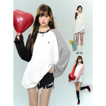 AsGony 撞色條紋罩衫上衣薄款寬松顯瘦休閑寬松拼色百搭防曬T恤