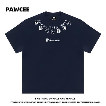 PAWCEE美式國潮簡約項鏈小狗字母短袖T恤男女同款寬松百搭上衣ins