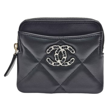 CHANEL香奈兒 19系列經典金屬雙C LOGO菱格紋小羊皮拉鍊吐司零錢包(黑色)