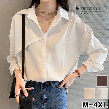 【QV3433】魔衣子-純色翻領寬鬆顯瘦長袖襯衫