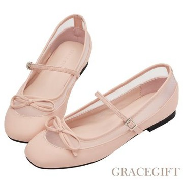 【Grace Gift】復古芭比網紗拼接芭蕾平底瑪莉珍鞋 粉