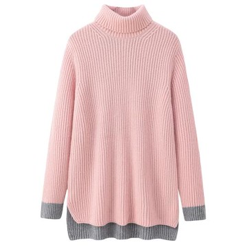 鄂爾多斯市產羊絨衫女高領加厚中長款拼色前短后長針織毛衣K2107