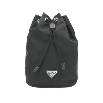 Prada 再生尼龍銀三角logo束口收納袋包(1NA369-黑)