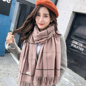 現貨-秋冬新款格子仿羊絨圍巾女日系少女甜美圍巾簡約保暖披肩圍脖