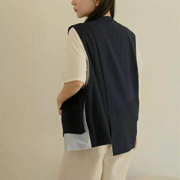 線條領口-無領西裝背心-藍色