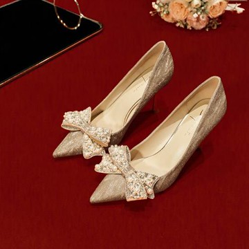 蘇社交 秀禾婚紗兩穿婚鞋女蝴蝶結珍珠新娘鞋不累腳高級感高跟鞋