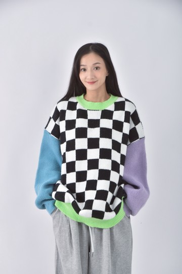 (2XL) le wong棋盤黑色長袖上衣