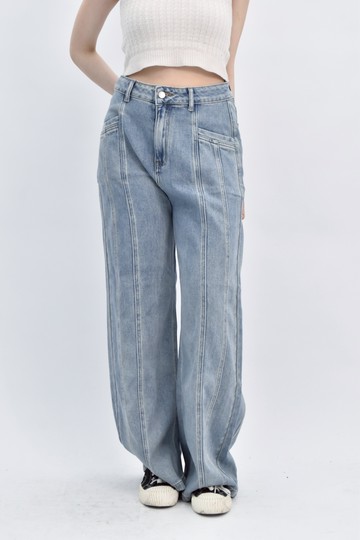 (F) a b高腰丹寧牛仔質感造型藍色長褲