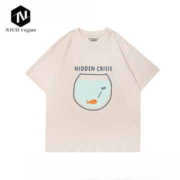 【Nico】100%純棉 魚缸小魚 卡通印花T恤 Oversize 寬鬆 短T 短踢 短袖T恤 短袖上衣 女上衣 男T恤