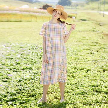 棉麻彩格短袖洋裝