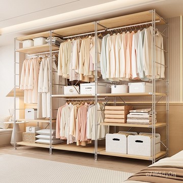 新品🔥免運 開放式衣櫃 中古風掛衣架臥室落地步入式衣帽間架子 組裝衣服置物架