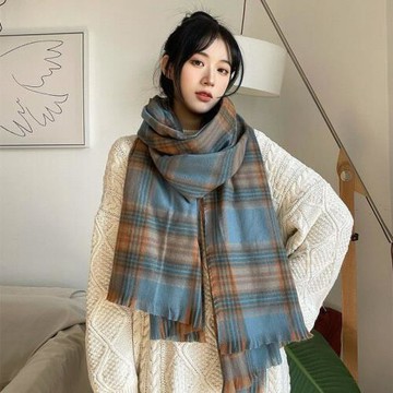 新款韓版白百合同款霧藍色格子百搭可愛保暖圍脖仿羊絨披肩學生冬